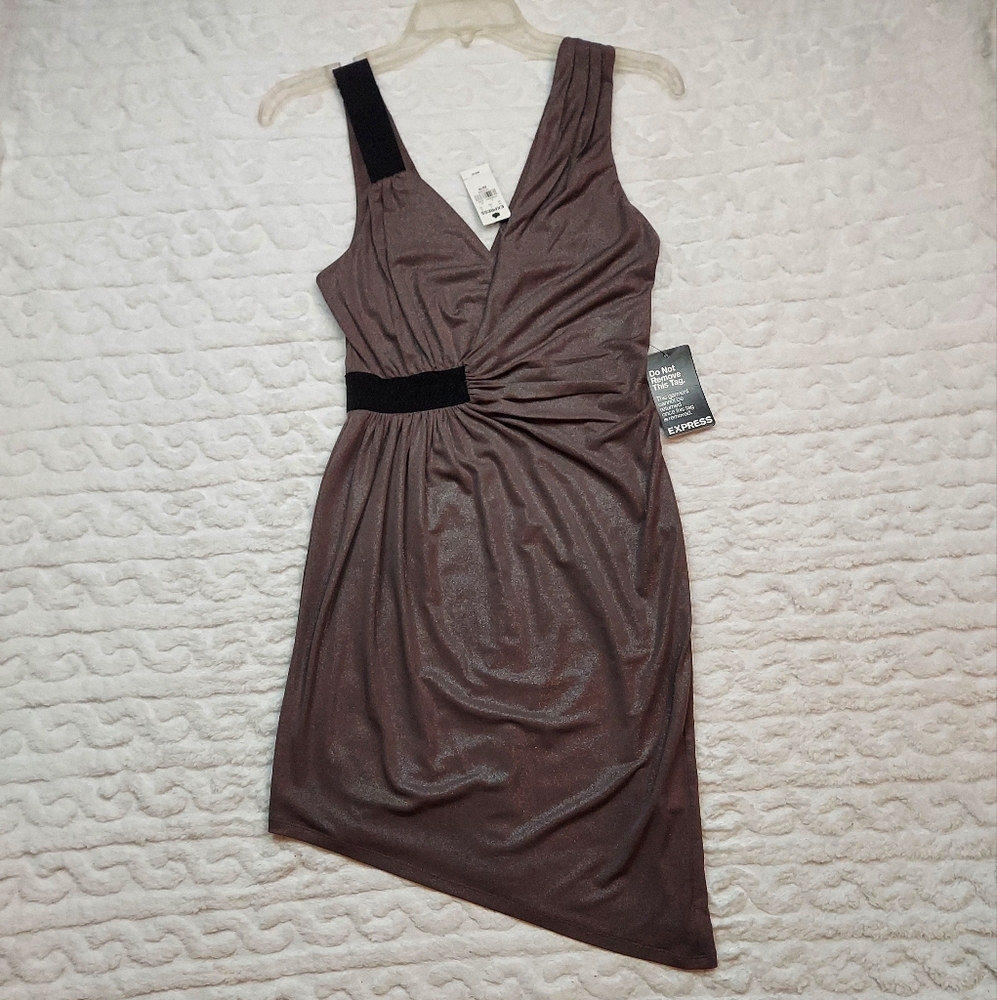 Express Brown Shimmer Black Detail Ruched Asymmetrical Sleeveless Dress Size XS